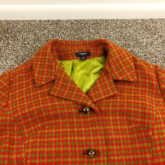 Burberry London Coat Tweed Wool Houndstooth Checked Red Green Long Womens Small - Picture 2 of 14